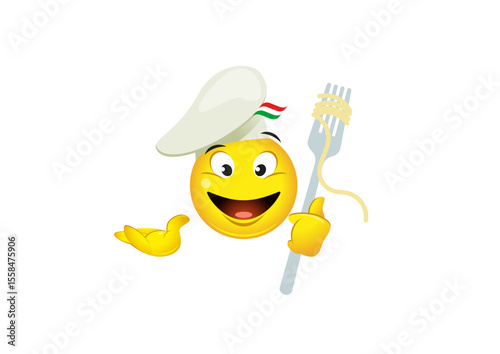 happy smiley character as pizza chef with a fork and spaghetti