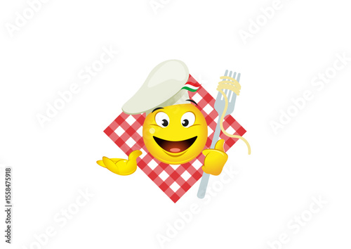 Happy smiley figure as a pizza chef with a fork and spaghetti and a red and white checkered tablecloth as a background
