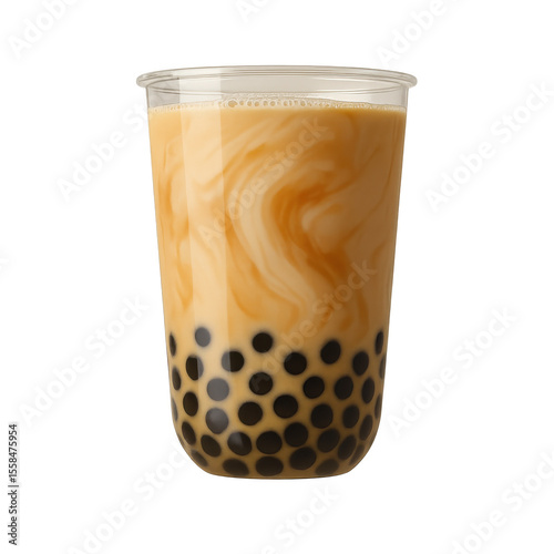 Creamy bubble tea with tapioca pearls swirls beautifully in clear cup, showcasing delightful blend of colors and textures. This refreshing drink is perfect for any occasion