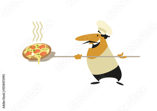 Happy pizza chef with a piping hot pizza on a pizza spatula