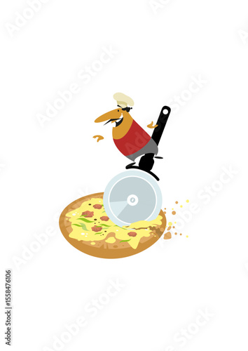 Pizza chef is driving on a pizza cutter on a pizza