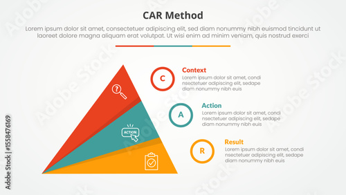 CAR interview model infographic concept for slide presentation with creative slice triangle pyramid with 3 point list with flat style