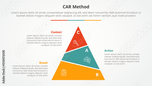 CAR interview model infographic concept for slide presentation with slice pyramid unbalance with 3 point list with flat style
