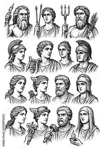 Classic black and white sketches of Greek gods and goddesses, each shown with symbolic attributes in vintage engraved style.
