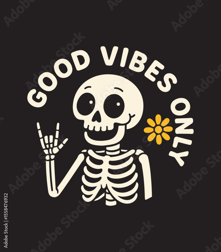 Cute Skeleton T-Shirt Design – Good Vibes Only Retro Skeleton with Flower Illustration