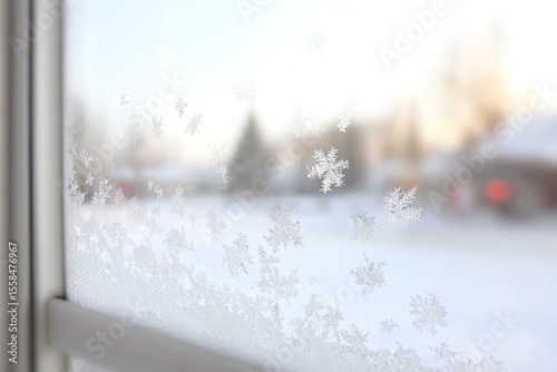 Frosty windowpane, delicate snowflakes, winter scene