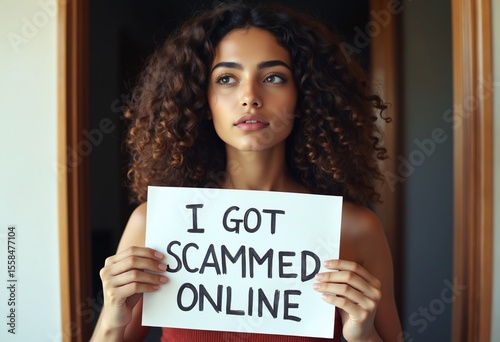 Disappointed young woman with curly hair, holding a sign saying I Got Scammed Online, Reflects feelings of betrayal