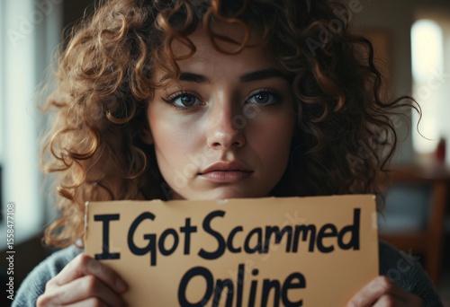 Disappointed young woman with curly hair, holding a sign saying I Got Scammed Online, Reflects feelings of betrayal