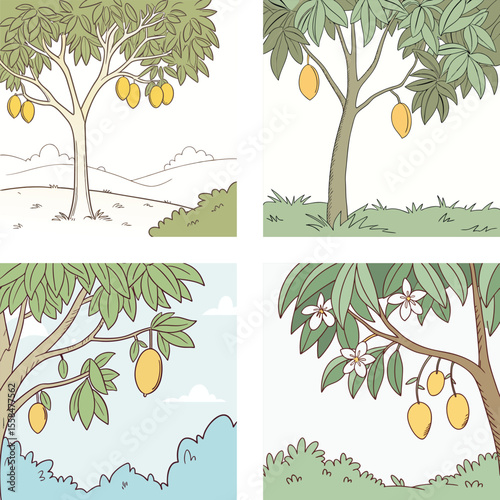 Four Illustrations of Mango Trees Depicting Different Seasons and Stages of Growth and Fruition