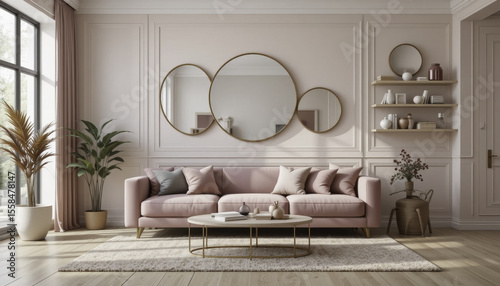 modern living room features stylish pink sofa, round mirrors, and decorative shelves. room is accented with plants and soft lighting, creating cozy and elegant atmosphere