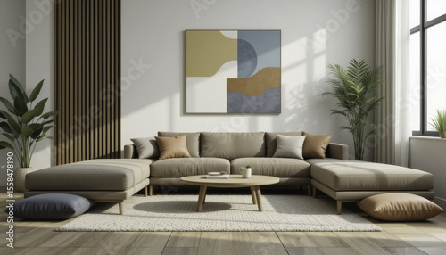 modern living room with beige sectional sofa, abstract wall art, and round wooden coffee table creates cozy atmosphere. Large windows allow natural light to illuminate space