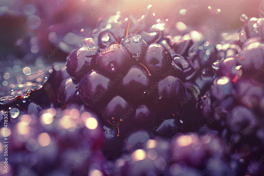Mûres en très gros plan avec gouttes d’eau et effet bokeh lumineux en arrière-plan, ambiance naturelle et gourmande sur fond violet flouté