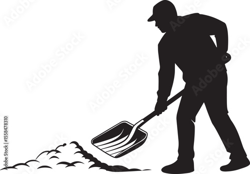 Black And White Vector Illustration Man Shoveling Snow Winter Cleanup