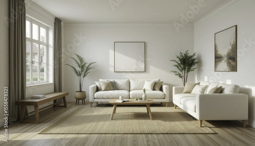 modern living room with minimalist design features white sofa, wooden coffee table, and potted plants, creating serene and inviting atmosphere. Natural light streams through large windows