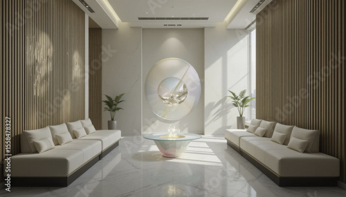 modern, minimalist lobby with sleek white sofas, central artistic sculpture, and large windows allowing natural light to flood space, creating serene atmosphere