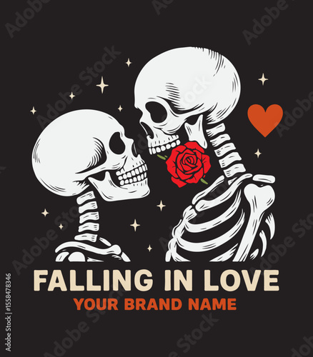 Romantic Skeleton T-Shirt Design – Gothic Love Illustration with Red Rose and “Falling in Love” Quote