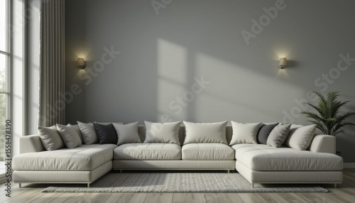 spacious, modern living room features large, comfortable sectional sofa with numerous cushions, set against neutral gray wall. Soft lighting and potted plant add warmth to minimalist decor