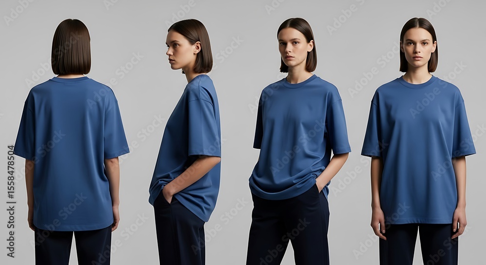 Obraz premium Woman in Blue Tee Poses: Front, Side, Back Views, Minimalist Fashion, Studio Shot.