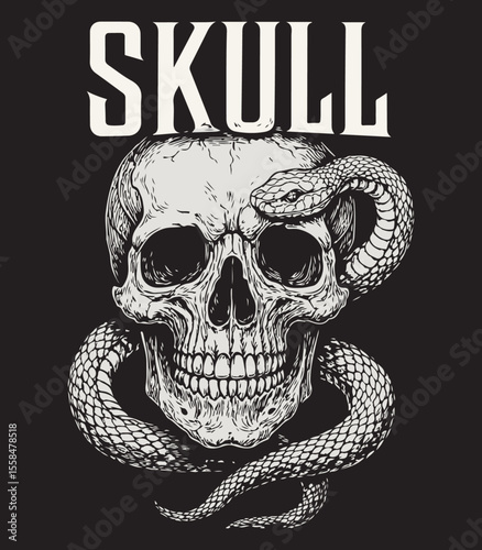 Skull and Snake T-Shirt Design – Detailed Gothic Illustration for Tattoo or Horror Artwork