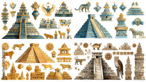 Watercolor illustrations of ancient temples, pyramids, animals, and mythological symbols. Ideal for cultural, historical, and fantasy design projects.

