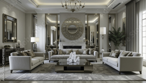 Elegant living room with luxurious decor, featuring large mirror, plush sofas, and central coffee table. room is adorned with soft lighting, decorative plants, and sophisticated chandelier