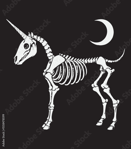 Skeleton Unicorn T-Shirt Design – Gothic Fantasy Illustration with Crescent Moon