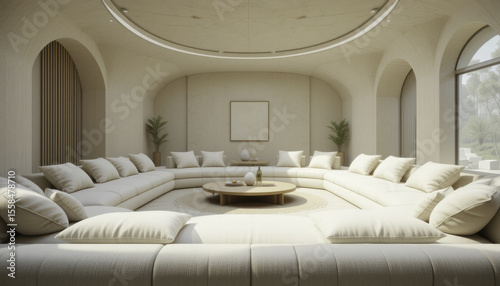 spacious, modern living room features large, circular white sofa with numerous cushions, creating cozy atmosphere. room is illuminated by natural light from arched windows, enhancing minimalist