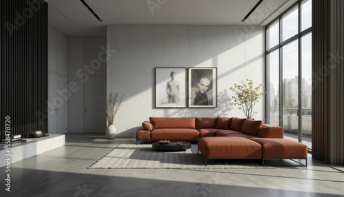 modern living room with large orange sectional sofa, minimalistic decor, and floor to ceiling windows offering city view. space is bright and airy, featuring neutral tones and contemporary art