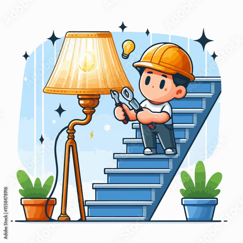 vector illustration of a person fixing a lamp