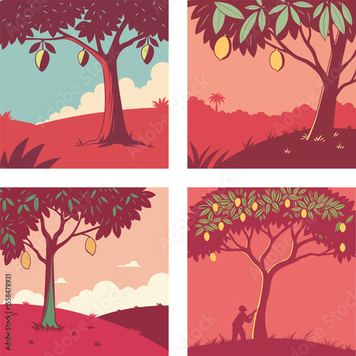 Four Artistic Illustrations Showcase Fruit Trees in Varied Settings and Harvesting Scenarios Depicting Orchard Scenery