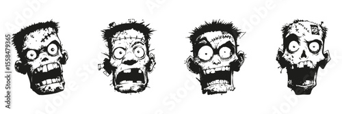 Zombie Faces In Silhouette Set. Horror And Halloween Theme Collection. Entertainment And Graphic Design Use. Isolated Vector Illustration