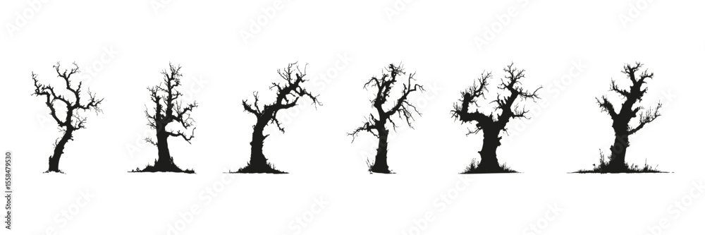 Fototapeta premium Bare Tree Silhouettes In Icon Set. Seasonal Change And Natural Environment Symbol Collection. Botanical And Design Use. Isolated Vector Illustration
