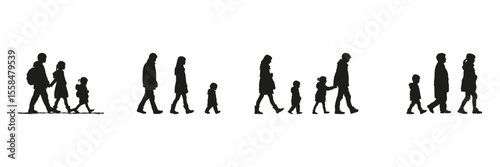 Family Walking Silhouette Set. Parenting, Childhood, And Daily Life Symbol Collection. Social And Educational Use. Isolated Vector Illustration