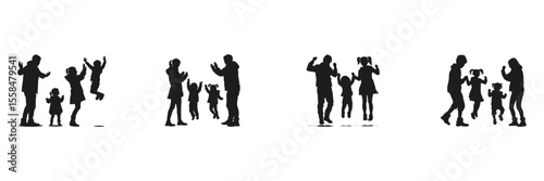 Family Interaction In Silhouette Set. Parenting, Childhood, And Emotional Bonding Symbol Collection. Social And Educational Use. Isolated Vector Illustration