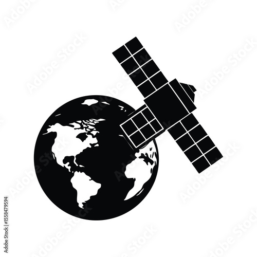 Striking silhouette of a satellite orbiting planet earth with solar flares and cosmic elements