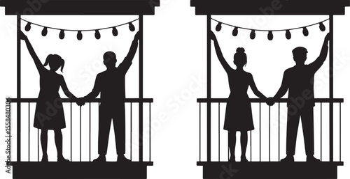 Black Silhouette Couple Holding Hands Balcony String Lights Night Romantic Evening Vector Illustration