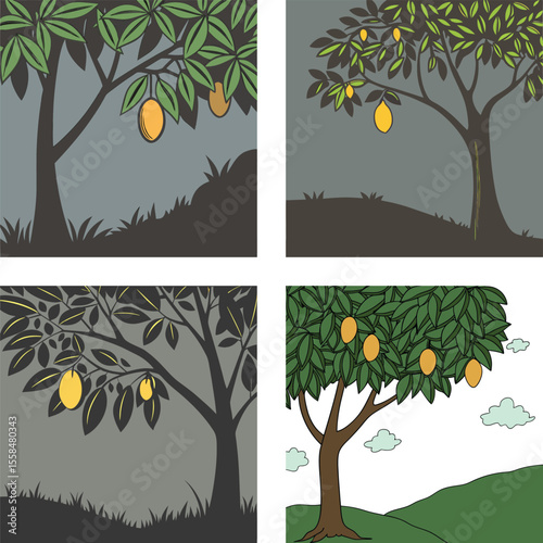 Four Distinctly Styled Illustrations Each Displaying a Fruit Bearing Tree Set in Different Environments