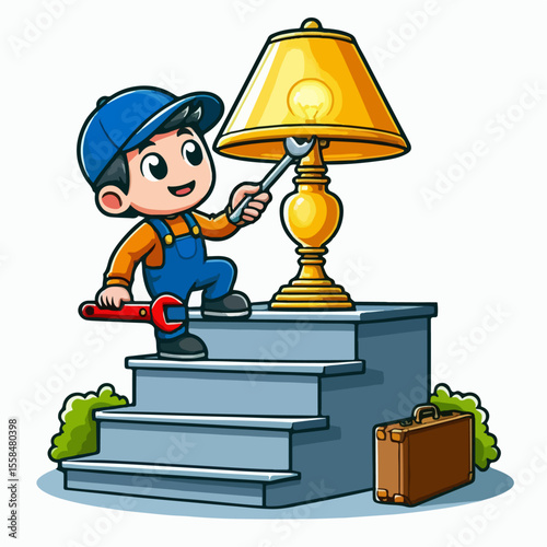 vector illustration of a person fixing a lamp