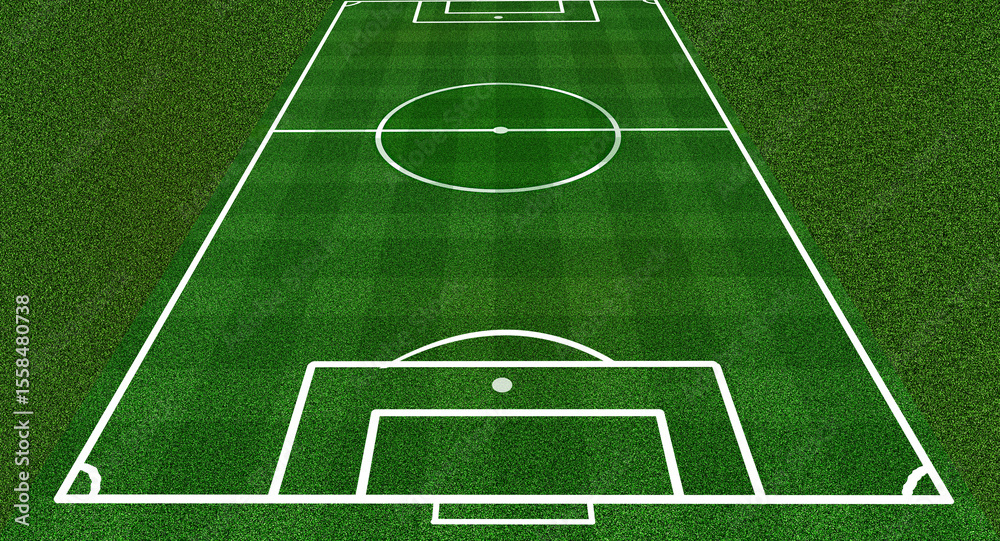 Obraz premium full size green soccer or football field green pitch goal side white center circle for kick off in stadium side view background or banner