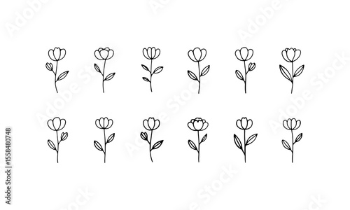 Rounded Botanical Icons. An evenly spaced set of floral illustrations with rounded forms and clean lines, ideal for soft patterns and print-ready use.