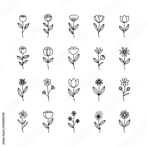 Light Sketch Florals. A softly drawn set of flower illustrations with consistent spacing and minimal detail, perfect for subtle design themes and elegant prints.