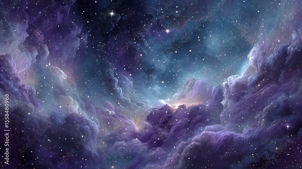 Fototapeta premium Bright space scene with colorful nebula clouds, scattered stars, and rich blue and purple tones. Perfect for sci-fi, fantasy, and cosmic design projects.