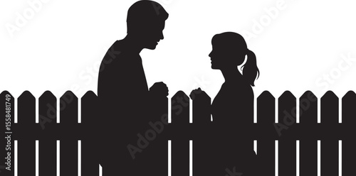 Black Silhouette Couple Talking Over Picket Fence Vector Illustration woman