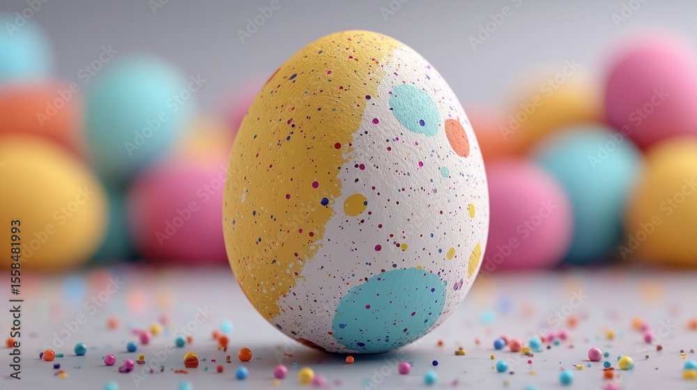 Fototapeta premium A funky Easter egg with splatter paint on a blurred white background, modern spring decor, playful holiday design