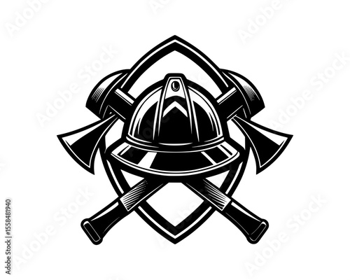 Firefighter helmet and crossed axes emblem vector illustration