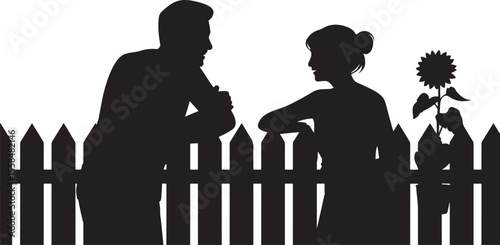 Black Silhouette Couple Talking Over White Picket Fence With Sunflower woman