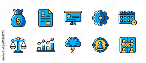 Business icon set in colored outline style for finance, teamwork, productivity, legal matters, growth, career development, and corporate strategy.