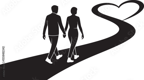 Black Silhouette Couple Walking Handin Hand Down Curving Path Heart Shape Above silhouettes white