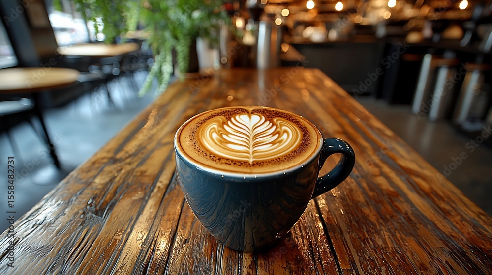 Obraz premium Latte art on wooden table in cafe