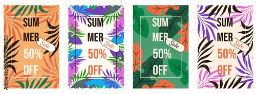 Summer Sale poster cover set. Vector illustration of abstract Summer plants background with Sale typography. Sale poster collection with palm leaves green plants. EPS 10
